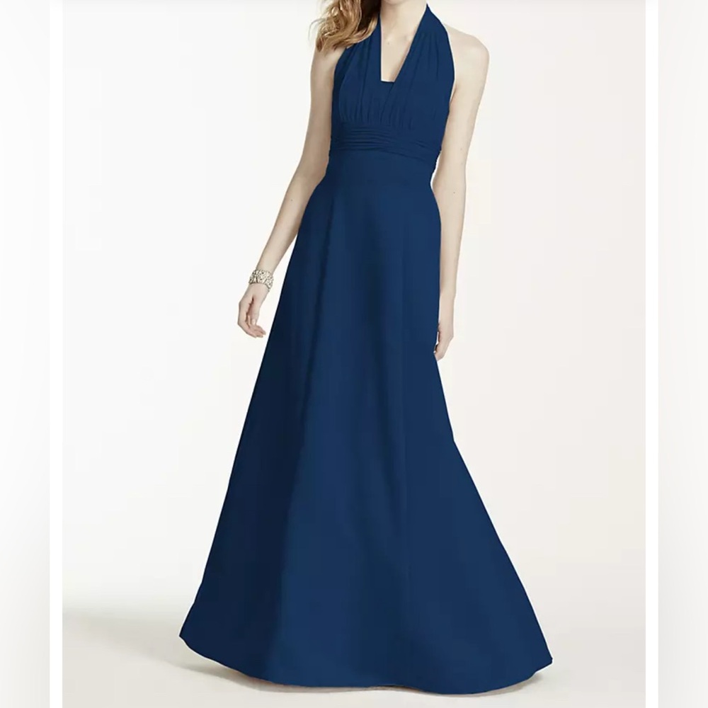 David's Bridal Blue Halter Bridesmaids Gown